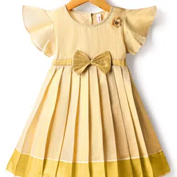 Babyhug South Cotton Woven Half Flutter Sleeves Pleated Ethnic Dress With Bow & Corsage - Off White-picture-12