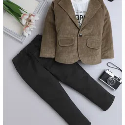 Fourfolds Velvet Woven Full Sleeves Textured Blazer With Hope Text Printed Tee & Pant Set - Dark Beige-picture-15