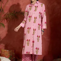 Indo Era Women Floral Printed Regular Pure Cotton Kurta with Palazzos image 2
