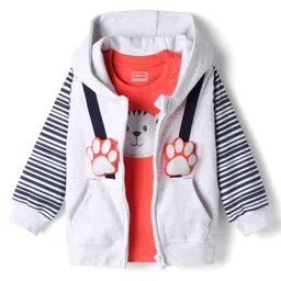 Babyhug Terry Knit Full Sleeves Hooded Front Zipper Jacket T-Shirt & Joggers with Animal Print - Red Navy Blue & White image 2