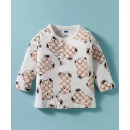 Simply Interlock Knit Full Sleeves Front Open Co-Ord Night Suit with Bear Print - Cream image 2