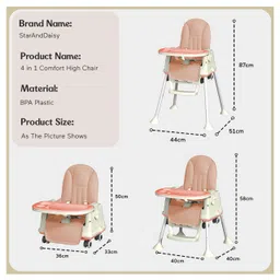 StarAndDaisy Comfort 4 in 1 Premium Multifunctional High Chair with Booster Normal & Detachable Tray Adjustable Height One Hand Adjustable Ultra Soft Cushion - Pink image 3