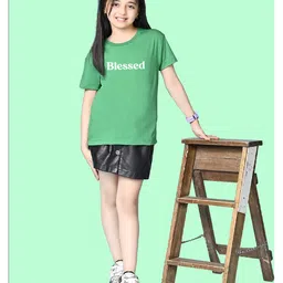 NUSYL Cotton Blend Half Sleeves Blessed Text Printed Oversized Tee - Green image 4