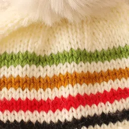 Woonie Knit Striped & Pom Pom Embellished Hand Knitted Cap - Cream - Circumference 27.5 Cm image 3