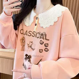 DressBerry Women Peach & White Peter Pan Collar Printed Cotton Pullover-picture-19