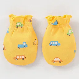 Babyhug 100% Cotton Knit Vehicles Printed Cap Mittens & Booties Set Yellow - Diameter - 9 cm image 5