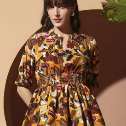 OTABU Women Printed Puff Sleeve Smocked Peplum Top-image-47