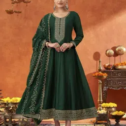 Shaily Dark Green Regular Fit Embroidered Anarkali Kurta And Dupatta Set-image-0