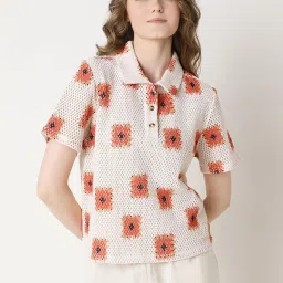 Vero Moda Beige & Orange Cotton Self Design Polo T-Shirt image 2