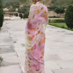 Geroo Jaipur White Pink Shaded Hand Painted Floral Chiffon Saree with Blouse image 2