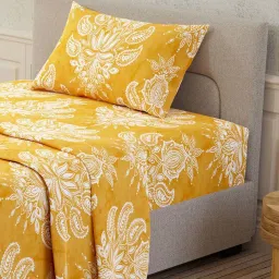 Layers Serenity Yellow Cotton 200 TC Landour Damask Double Bedsheet with 2 Pillow Covers image 2
