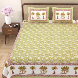 JaipurFabric Mehandi Pure Cotton 180 TC Printed Double Bedsheet with 2 Pillow Covers image 2