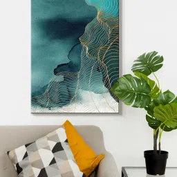 999Store Blue Canvas Abstract Painting With Golden Lines image 2