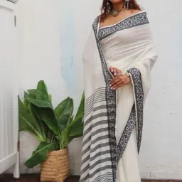 Chidiyaa White Uma Bhavani Handwoven Linen Cotton Jamdani Saree-picture-43