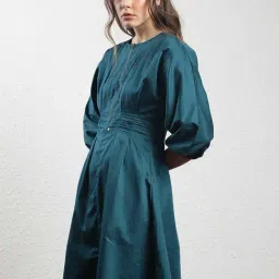 RAREISM Green Cotton Solid Three-Quarter Sleeves Dress-image-57