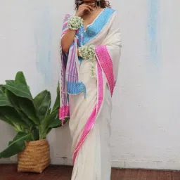 Chidiyaa White Uma Savitri Handwoven Linen Cotton Jamdani Saree-picture-13