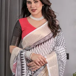 ALMAARI FASHION Geometric Printed Pure Cotton Kanjeevaram Saree And Unstitched Blouse image 3
