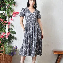 DECKEDUP Women Abstract Print Fit & Flare Midi Dress-image-3