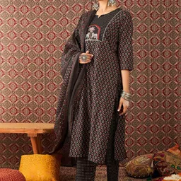 Indo Era Women Ethnic Motifs Printed Regular Thread Work Pure Cotton Kurta with Trousers & With Dupatta image 4