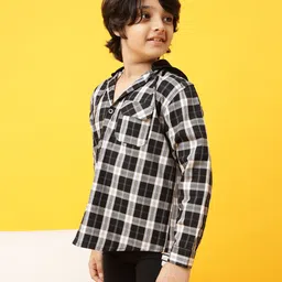 Tales & Stories 100% Cotton Full Sleeves Checkered & Hooded Shirt - Black-picture-21