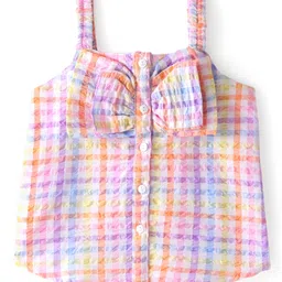Babyhug Seer Sucker Woven Singlet Sleeves Checked Top Bow Applique - Multicolor-image-24