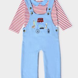 Mi Arcus Full Sleeves Striped Onesie & Travel Theme Embroidered Dungaree Set - Sky Blue-picture-6