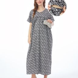 Bella Mama Cotton Knit Half Sleeves Concealed Zipper Floral Print Nighty - Black-picture-8