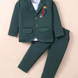 JASH KIDS Cotton Knit Full Sleeves Solid Colour Blazer with Printed T-ShirtTrouser Set & Broach Detailing - Dark Green-picture-16