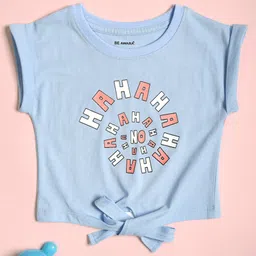 Be Awara Cotton Short Sleeves Haha Text Printed Crop Top - Blue-image-89