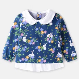 Babyhug Cotton Knit Full Sleeves Top With Floral Print & Peter Pan Collar - Navy Blue-image-58
