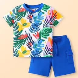 Babyhug Single Jersey Knit Half Sleeves Henley Neck T-Shirt & Shorts Set with Tropical Print - White & Blue-picture-36