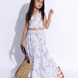 Taffykids 100% Cotton Sleeveless Floral Printed Lace Embellished Top & Tiered Skirt Set - White & Purple-image-83