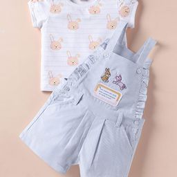 ToffyHouse Cotton Knit Dungaree & Half Sleeves T-Shirt with Bunny Print - Lavender & White-picture-48
