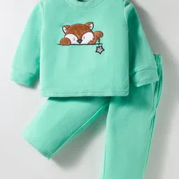 Kanvin Antipilling Polar Fleece Knit Full Sleeves Winter Night Suit with Fox Patch Detailing - Mint-picture-19