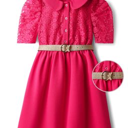 Hola Bonita Knit Half Sleeves Peter Pan Collar Frock with Belt with Lace Detailing - Dark Pink-picture-7
