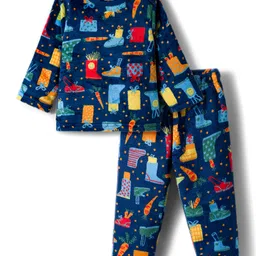 Babyhug Fur Full Sleeves Woven Winter Wear Suit Set with Stocking Print - Navy Blue-image-2