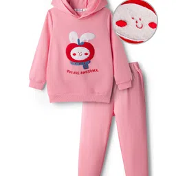 Mark & Mia Full Sleeves Winter Wear Hooded T-Shirt & Joggers Set With Apple Applique - Pink-picture-12