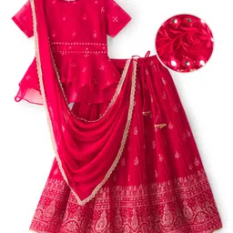 Pine Kids Woven Half Sleeves Choli Lehenga & Dupatta Set With Floral & Mirror Embroidery - Dark Pink-picture-14