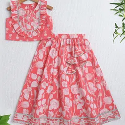 The Magic Wand Cotton Woven Frill Sleeves Floral Printed & Gota Lace Embellished Lehenga Choli Set - Peach-picture-16