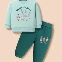 Zero Fleece Knit Full Sleeves Printed Sweatshirt & Lounge Pant Set - Green-picture-16