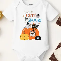 KNITROOT Halloween Theme Cotton Lycra Knit Half Sleeves Too Cute To Spook Text Printed Onesie - White-picture-28