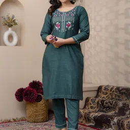 Auzanoor Collection Floral Embroidered Thread Work Pure Cotton Straight Kurta &Trousers-picture-14