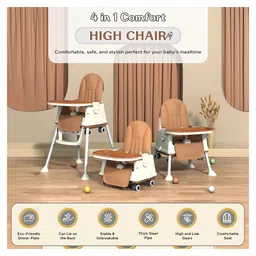 StarAndDaisy Comfort 4 in 1 Premium Multifunctional High Chair with Booster Normal & Detachable Tray Adjustable Height One Hand Adjustable Ultra Soft Cushion - Brown image 2