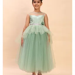 Toy Balloon Kids Net Woven Sleeveless Floral Applique Detailed & Sequins Embellished Layered Gown - Green image 4