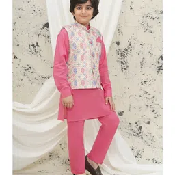 AJ Dezines Cotton Full Sleeves Solid Kurta & Pyjama With Floral Printed Jacket Set - Pink image 5