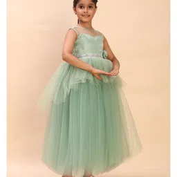 Toy Balloon Kids Net Woven Sleeveless Floral Applique Detailed & Sequins Embellished Layered Gown - Green image 5