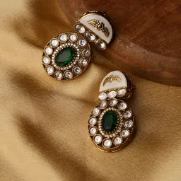PATOLA BY VJ Gold-Plated Kundan Beaded Contemporary Shaped Drop Earrings-picture-26