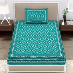 DHANOTA Green & White Ethnic Motifs 160 TC Single Bedsheet with 1 Pillow Covers-image-78