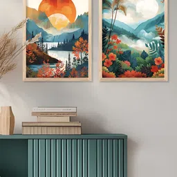 Kotart Brown & Orange Colored 2 Pieces Forest & Mountains Printed Wooden Wall Arts image 3