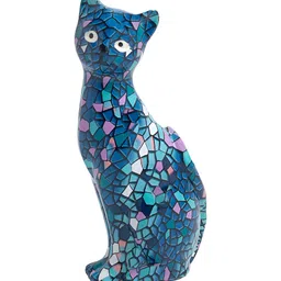 Golden Peacock Blue & Pink Mosaic Cat Showpiece image 4